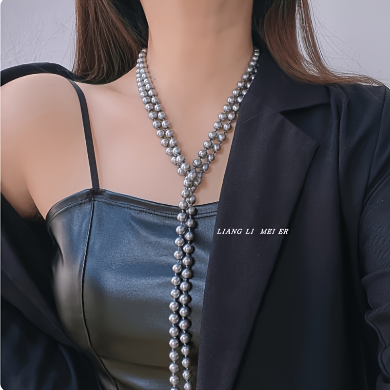 2pc Classic Gray Australian White Long Glass Necklace Set